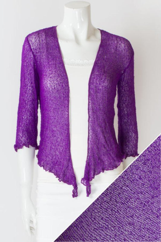 Purple lace cardigan on a mannequin with a close-up of the fabric texture.