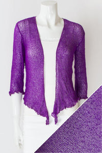 Purple lace cardigan on a mannequin with a close-up of the fabric texture.