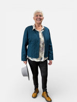 Load image into Gallery viewer, Person wearing a blue jacket, black pants, and yellow boots on a white background
