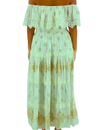 Load image into Gallery viewer, Mint green off-shoulder dress with lace details on a white background
