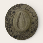 Load image into Gallery viewer, Suede hat wit black floral patterns, featuring the text 'wild soul'.
