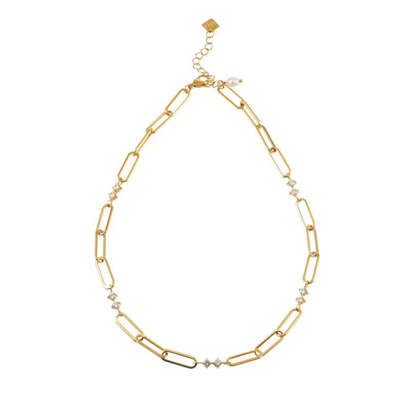 Paper Clip Chain with Zirconia & Pearl