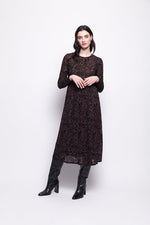 Load image into Gallery viewer, Woman wearing a brown mesh with black velvet dress and black boots on a white background
