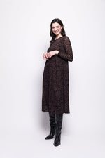 Load image into Gallery viewer, Woman wearing a brown mesh with black velvet dress and black boots on a white background
