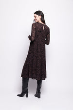 Load image into Gallery viewer, Woman wearing a brown mesh with black velvet dress and black boots on a white background
