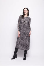Load image into Gallery viewer, Woman wearing a grey mesh with velvet leopard print dress with black boots on a white background
