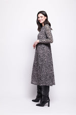 Load image into Gallery viewer, Woman wearing a grey mesh with velvet leopard print dress with black boots on a white background

