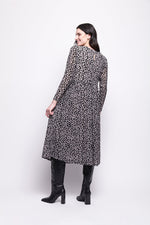 Load image into Gallery viewer, Woman wearing a grey mesh with velvet leopard print dress with black boots on a white background
