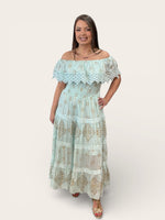 Load image into Gallery viewer, Woman wearing a light blue floral dress against a white background
