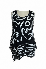 Load image into Gallery viewer, Black sleeveless top with white abstract patterns on a white background

