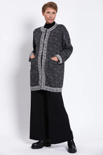 Load image into Gallery viewer, Woman wearing a black and white patterned cardigan 100% Cotton

