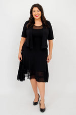 Load image into Gallery viewer, Woman wearing a black dress with a matching bolero on a white background
