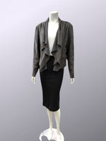 Load image into Gallery viewer, Mannequin wearing a gray /brown jacket and black skirt on a light gray background
