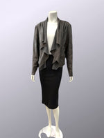 Load image into Gallery viewer, Mannequin wearing a gray / brown jacket and black skirt on a light gray background
