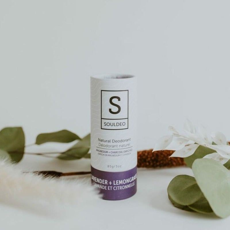 Lavender lemongrass natural deodorant in an eco friendly non plastic cardboard tube